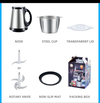 Machine Fufu & Hachoir ÉlectriqueParts of the Machine Fufu & Hachoir Électrique including steel cup, transparent lid, and rotary knife.